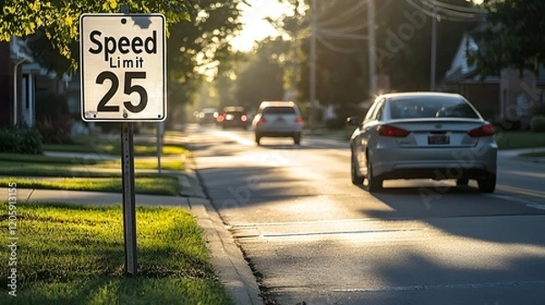 Fototapeta Suburban Street with Speed Limit Sign and Cars during Golden Hour in a Quiet Neighborhood