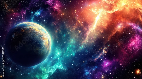 Fototapeta A galactic rift surrounded by a kaleidoscope of colorful light trails, spiraling celestial phenomena, with vibrant energy radiating outward