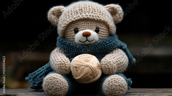 Fototapeta A handmade knitted teddy bear with balls of yarn and knitting needles on a monochrome background, The concept of manual labor, hobbies, and comfort