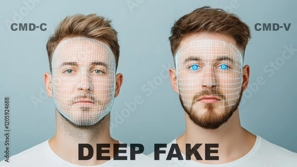 Fototapeta Two similar men with grid overlays labeled CMD-C and CMD-V, emphasizing the risks of identity duplication and fraud using deep fake technology.
