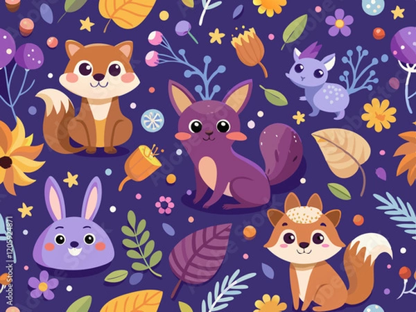 Fototapeta Cute Woodland Animals Pattern on Purple Background