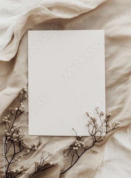 Fototapeta Blank white invitation rests on top of soft beige fabric, with delicate flowers and leaves along the bottom edge. The overall aesthetic is minimalist, with a neutral color palette