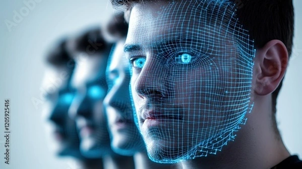 Fototapeta Digital representation of a face with a futuristic grid overlay.