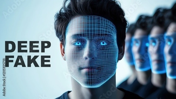 Fototapeta A man with glowing blue facial grid and multiple clones in the background emphasizing deepfake AI technology