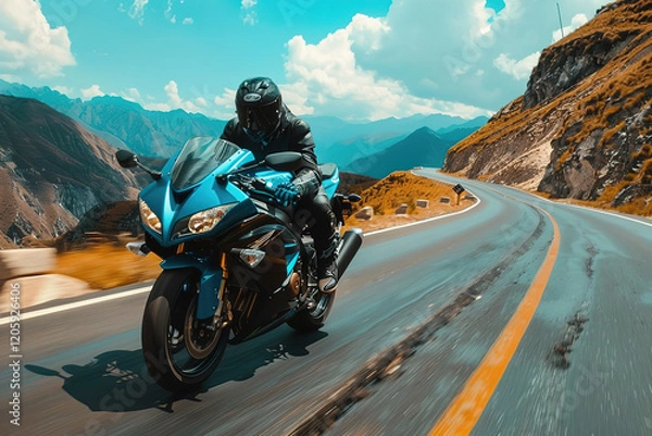 Obraz A blue motorcycle is speeding down a mountain road