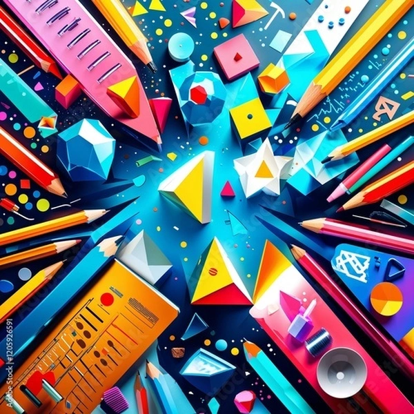 Fototapeta dynamic back to school background with a burst of colorful geometric shapes and symbols representing different academic subjects.