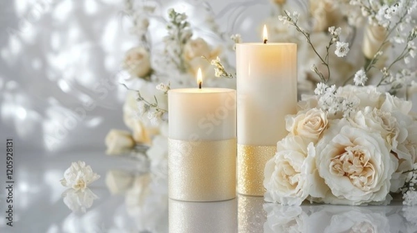 Fototapeta Elegant wedding decor featuring candles and fresh flowers on a white background for a romantic celebration