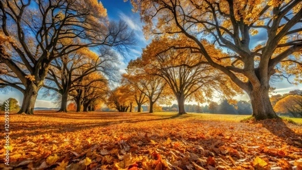 Fototapeta A carpet of fallen amber-colored leaves beneath ancient oak trees stands against the backdrop of clear blue sky with few wispy clouds scattered across it , sky, forest
