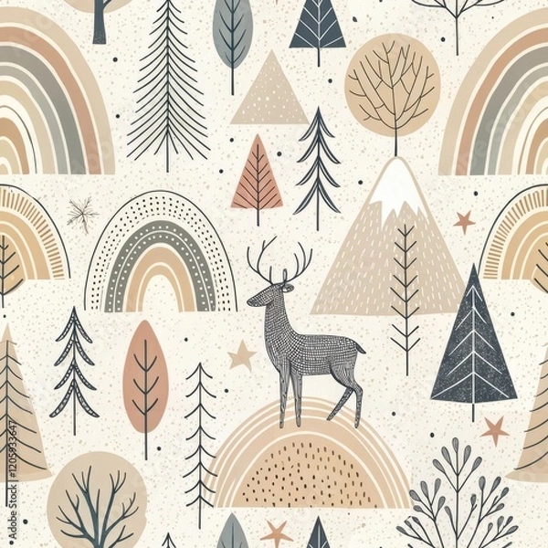 Fototapeta Seamless Pattern Deer Rainbow Mountain Forest Nature Scandinavian Style Kids Nursery Design Textile