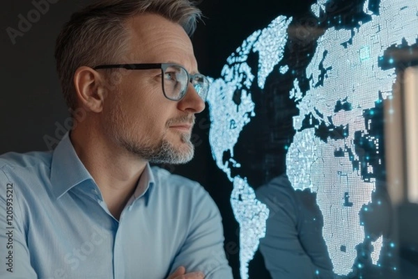 Fototapeta Thoughtful businessman observing digital world map display with glowing data patterns in modern office setting