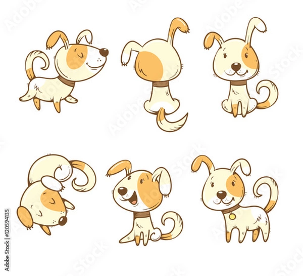 Fototapeta Cute cartoon dogs set. Six little puppies in different poses. Funny animals. Vector colorful contour image. Children's illustration.