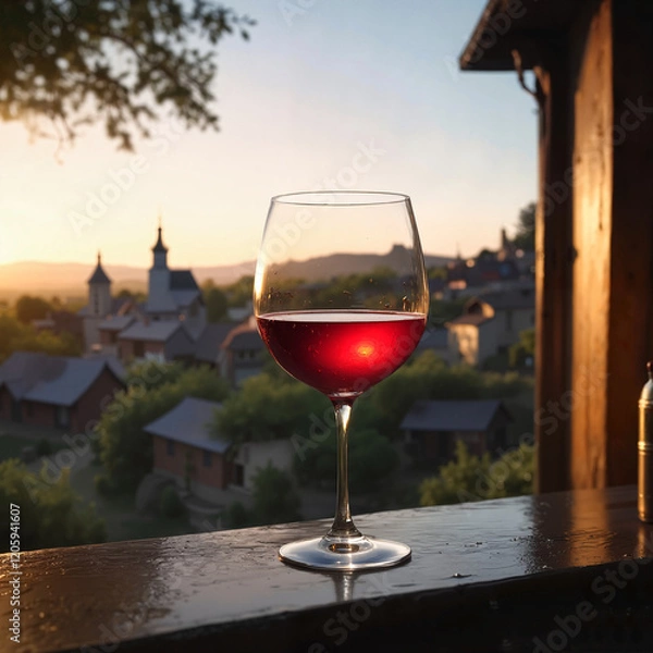 Obraz Glass of red wine sitting on a wooden railing with a sunset over a village in the background