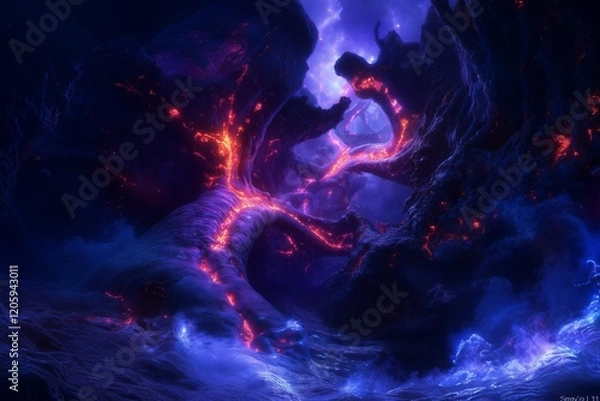 Obraz Surreal alien landscape with glowing lava and electric storms