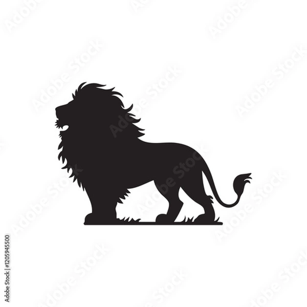 Obraz A flat silhouette of a lion standing tall, with its head turned to the side and a majestic mane flowing, black silhouette on a white background.