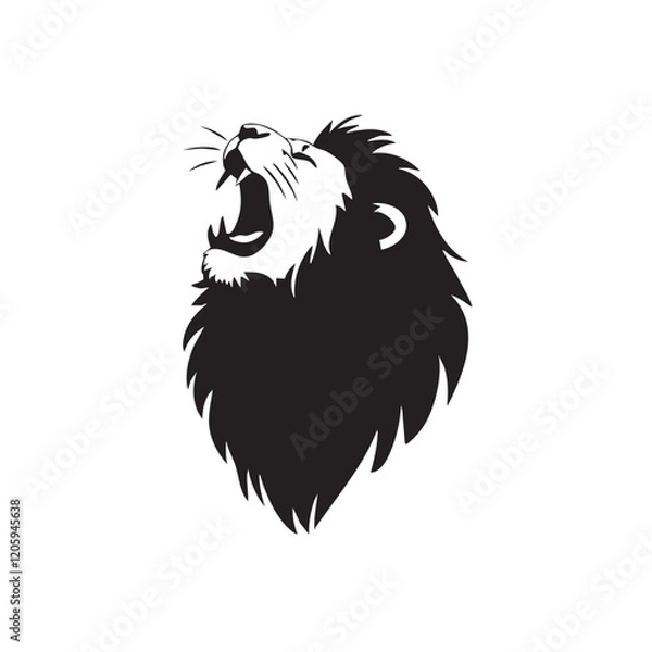 Fototapeta A flat silhouette of a lion roaring, with its mouth wide open and head tilted upward, black silhouette on a white background.