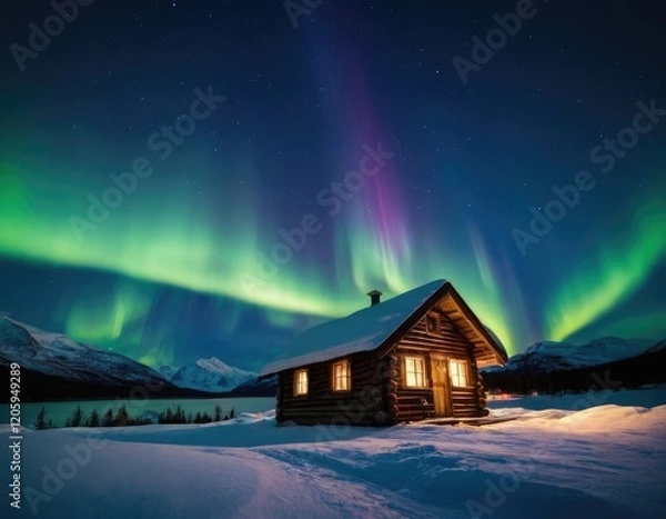 Fototapeta Cozy cabin in a snowy field under the stunning aurora borealis