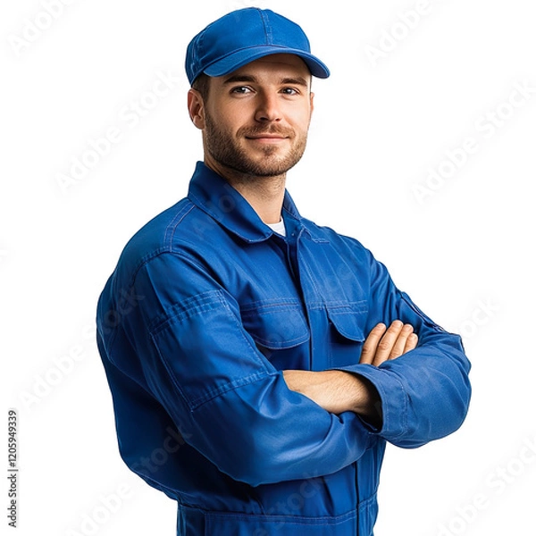 Obraz smiling young skillful worker labor technician man in blue work clothes with cap isolated on transparent background