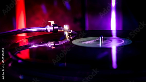 Obraz Needle detail on vinyl record on turntable, low light image with reflection