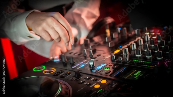 Obraz Close up DJ plays live set and mixing music on turntable console in the night club. Disc Jokey Hands on a sound mixer station at club party. DJ mixer controller panel for playing music and partying.