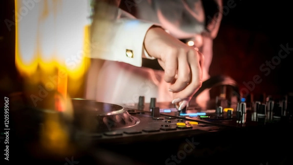 Obraz Close up DJ plays live set and mixing music on turntable console in the night club. Disc Jokey Hands on a sound mixer station at club party. DJ mixer controller panel for playing music and partying.