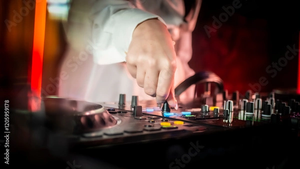 Obraz Close up DJ plays live set and mixing music on turntable console in the night club. Disc Jokey Hands on a sound mixer station at club party. DJ mixer controller panel for playing music and partying.