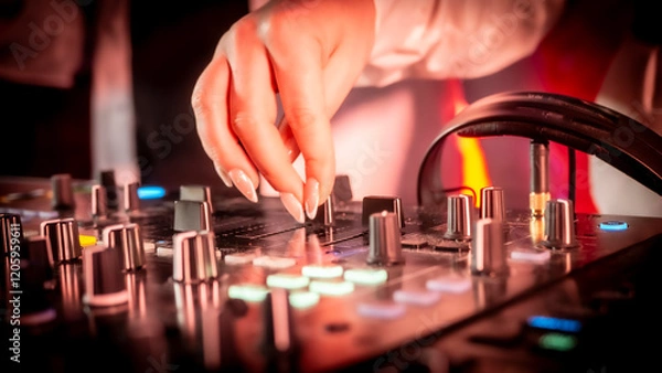 Obraz Close up DJ plays live set and mixing music on turntable console in the night club. Disc Jokey Hands on a sound mixer station at club party. DJ mixer controller panel for playing music and partying.