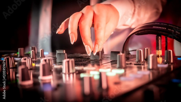 Obraz Close up DJ plays live set and mixing music on turntable console in the night club. Disc Jokey Hands on a sound mixer station at club party. DJ mixer controller panel for playing music and partying.