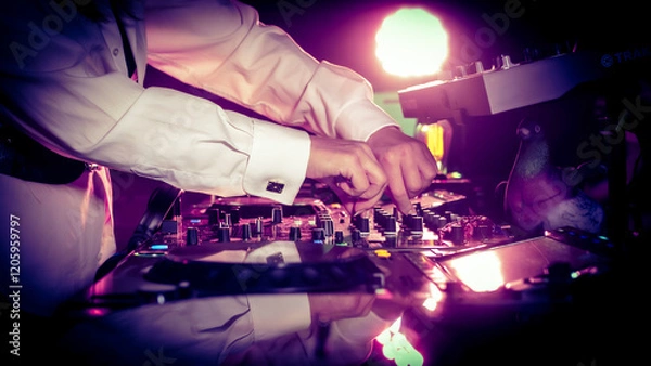 Obraz Close up DJ plays live set and mixing music on turntable console in the night club. Disc Jokey Hands on a sound mixer station at club party. DJ mixer controller panel for playing music and partying.