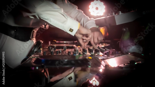 Obraz Close up DJ plays live set and mixing music on turntable console in the night club. Disc Jokey Hands on a sound mixer station at club party. DJ mixer controller panel for playing music and partying.