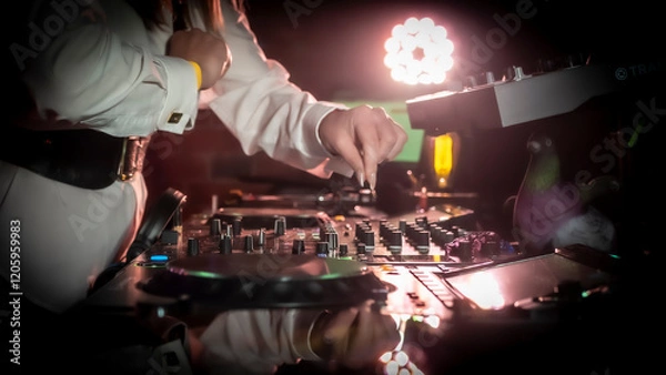 Obraz Close up DJ plays live set and mixing music on turntable console in the night club. Disc Jokey Hands on a sound mixer station at club party. DJ mixer controller panel for playing music and partying.
