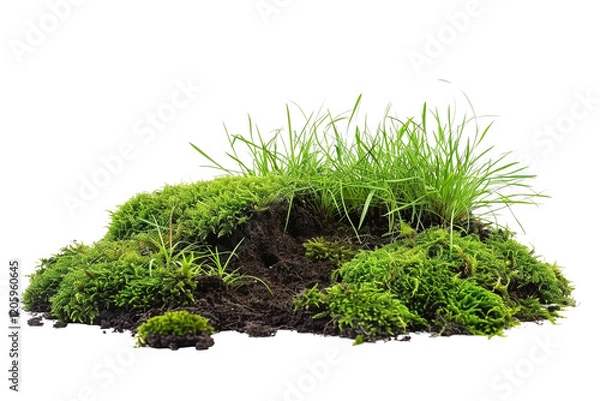 Fototapeta Green moss on the ground, pile of soil with grass isolated on transparent background. high resolution PNG file