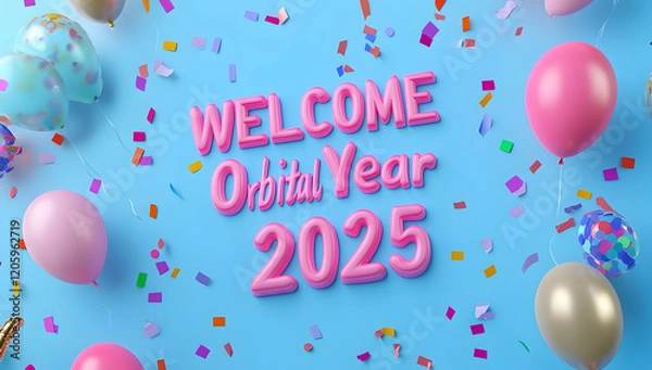 Fototapeta 3D text "WELCOME TO the new year 2025", confetti and balloons on a blue background