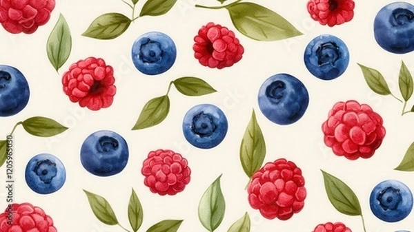Fototapeta Watercolor Boho Fruit Pattern concept. Colorful pattern of raspberries and blueberries with leaves.
