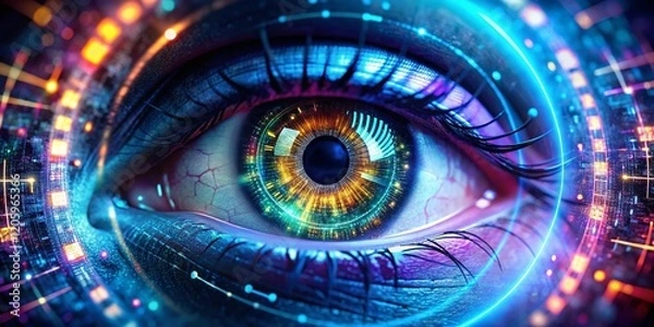Obraz Futuristic Digital Eye Close-Up: Binary Code & Cyber Data Drone View