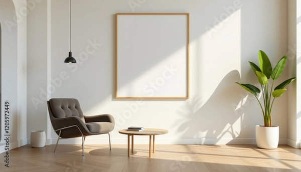 Fototapeta Modern Bright and Airy Room with White Wall, Wooden Frame mockup, and Natural Light