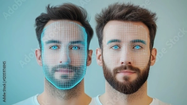 Fototapeta Pair of men with digital face mapping grids, representing advanced artificial intelligence in deep fake generation and detection.