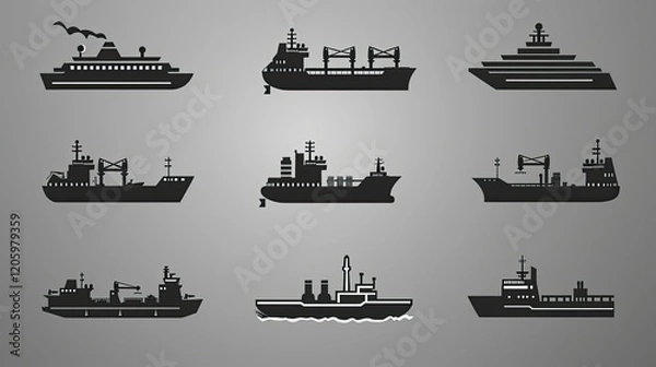 Fototapeta A collection of ship silhouettes representing various types of vessels on a gradient background.