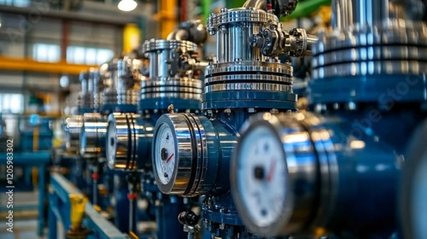 Fototapeta Industrial compressor unit with clear details of its structure inside a natural gas plant