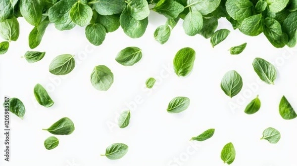 Obraz Fresh Green Leaves Falling on White Background for Nature Theme