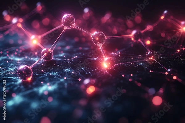 Obraz : An abstract digital background image featuring molecular structures, geometric shapes, and modern data connections, symbolizing the fusion of healthcare and technology, innovation, and modernity.