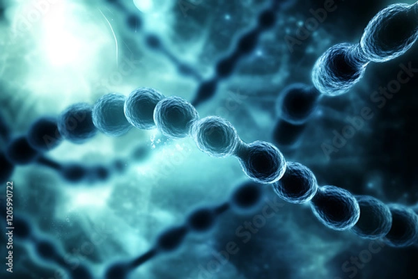 Fototapeta : An abstract digital background image featuring molecular structures, geometric shapes, and modern data connections, symbolizing the fusion of healthcare and technology, innovation, and modernity.