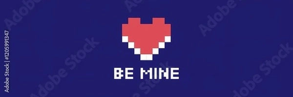 Fototapeta A creative minimalist Valentine's Day poster design with a pixel theme. The poster features a heart made of red and white pixels, with the text "Be Mine" written in white pixels below the heart. 