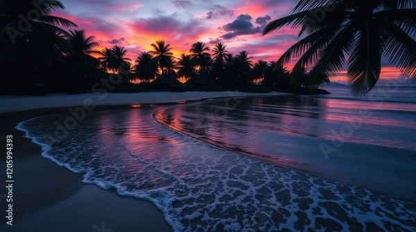 Fototapeta Sunset paints the sky with vibrant hues of orange and red as the sun dips below the horizon, casting a golden reflection on the calm ocean water