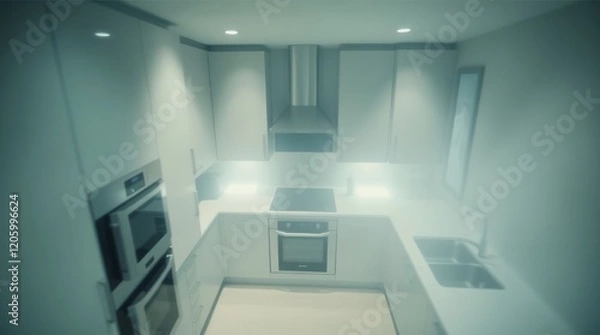 Fototapeta This sentence captures the essence of a modern office interior while incorporating keywords like loft, apartment, parquet, windows, furniture, and minimalist