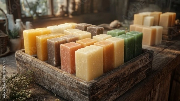 Fototapeta A collection of colorful soaps in a wooden crate.