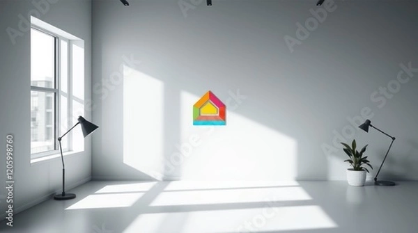 Fototapeta 3D render of a modern interior with a large window, showcasing minimalist architecture and ample natural light