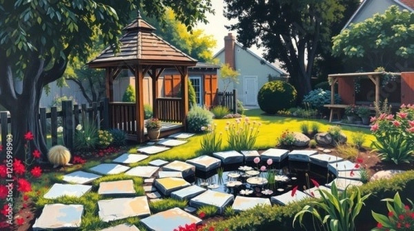 Fototapeta A picturesque European landscape with an old stone house nestled amidst a lush green garden, featuring a charming gazebo and towering trees against a vibrant summer sky