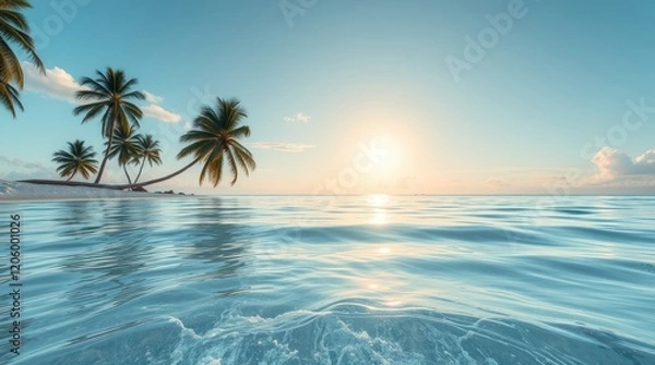 Fototapeta A picturesque tropical paradise with swaying palm trees framing a pristine beach, where the turquoise ocean meets the golden sand under a vibrant summer sky
