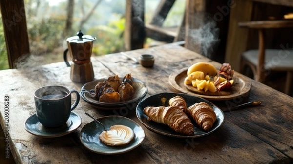 Fototapeta Rustic Morning Breakfast: Croissants, Coffee, and Fruit