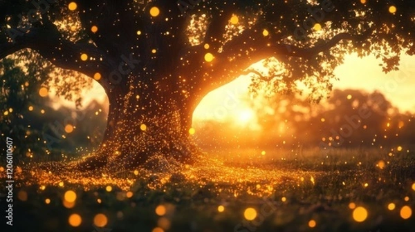 Fototapeta A swarm of glowing fireflies.